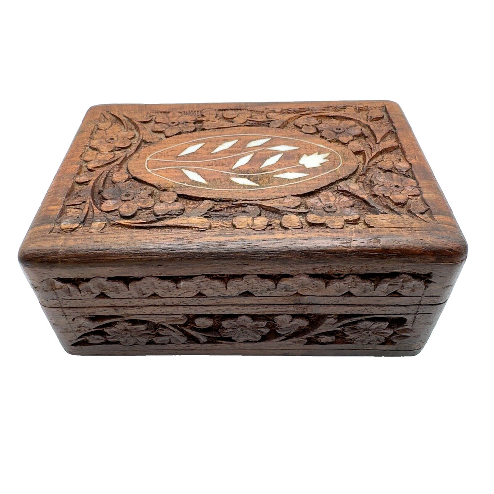 Vtg Hand Carved Wood Box Trinket Jewelry Hinged India Sheesham 6"x4"x2.5" Floral